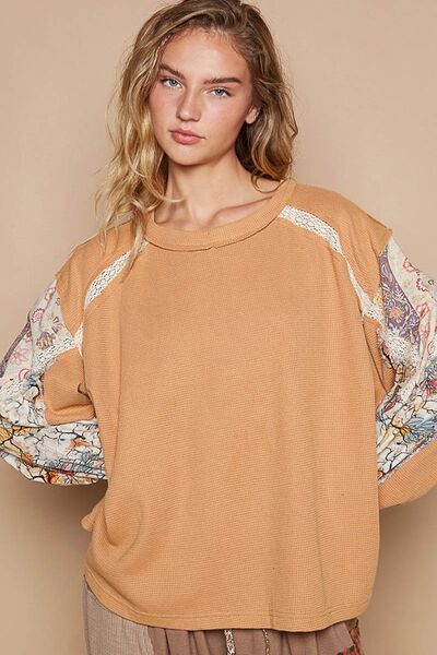 POL Waffle-Knit Lace Detail Round Neck Top Hoodies & Sweaters