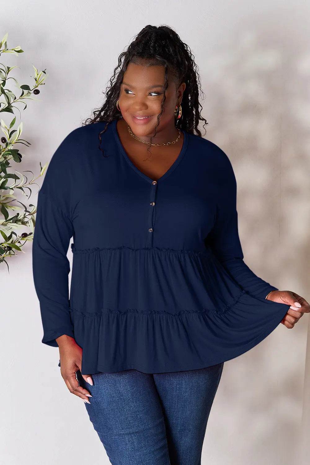 Double Take Half Button Long Sleeve Ruffle Hem Blouse - Shop Style & More | Fresh Looks, Everyday Deals & Free Shipping