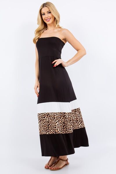 Celeste Full Size Leopard Color Block Tube Maxi Dress Plus Size Casual Dresses