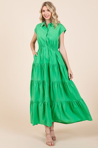 Mittoshop Button Up Collared Tiered Maxi Shirt Dress Apple Green Casual Dresses