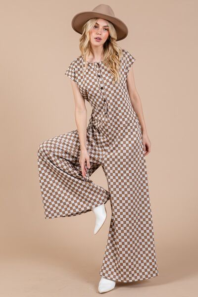Ces Femme Checkered Half Button Jumpsuit with Cap Sleeves Jumpsuits