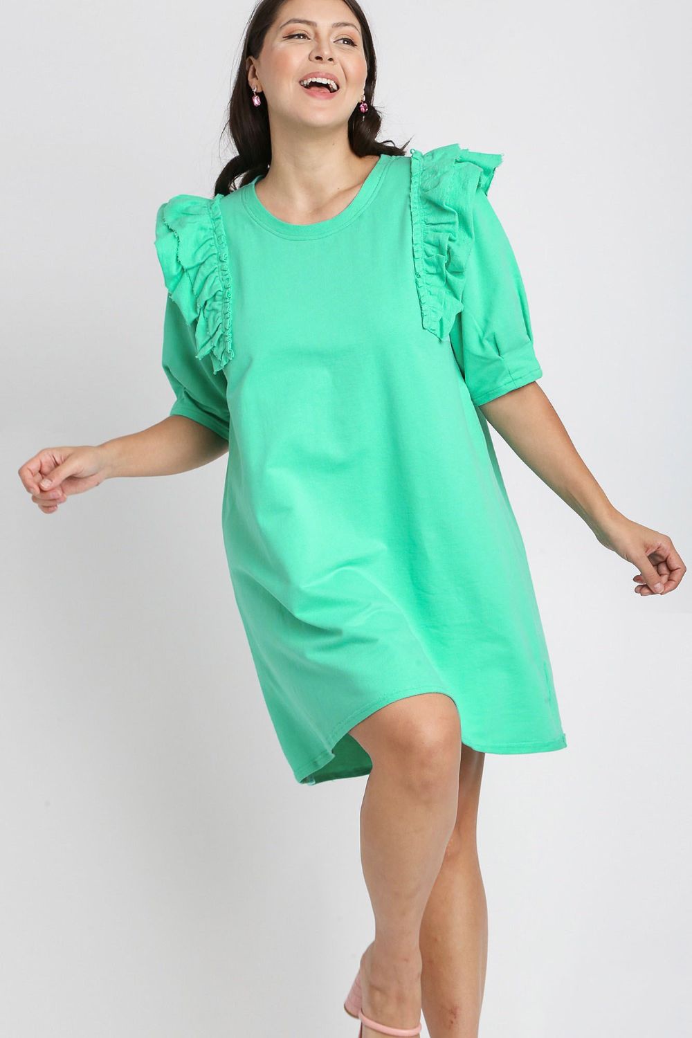 Umgee Full Size French Terry Ruffles Sleeve with Pleats Plus Size Casual Dresses