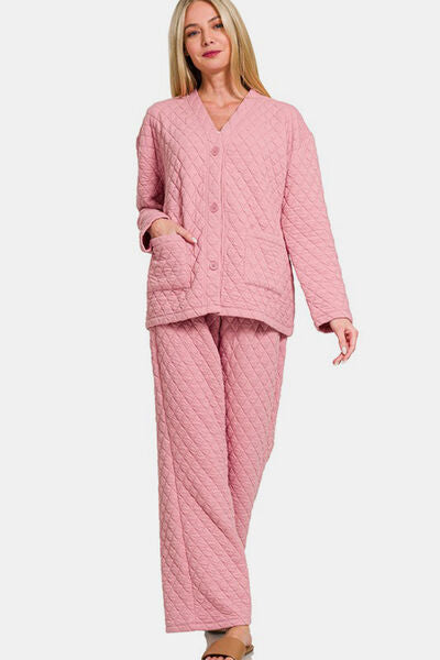 Zenana Quilted Button Up Long Sleeve Top and Pants Lounge Set Dusty Pink Lounge Set