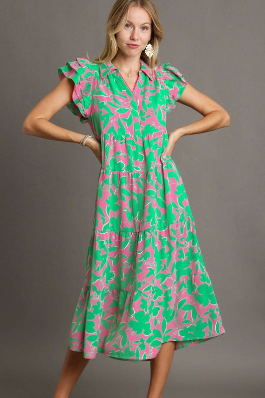 Umgee Full Size Floral Collared Ruffle Cap Sleeve Midi Dress Plus Size - Shop Style & More | Fresh Looks, Everyday Deals & Free Shipping