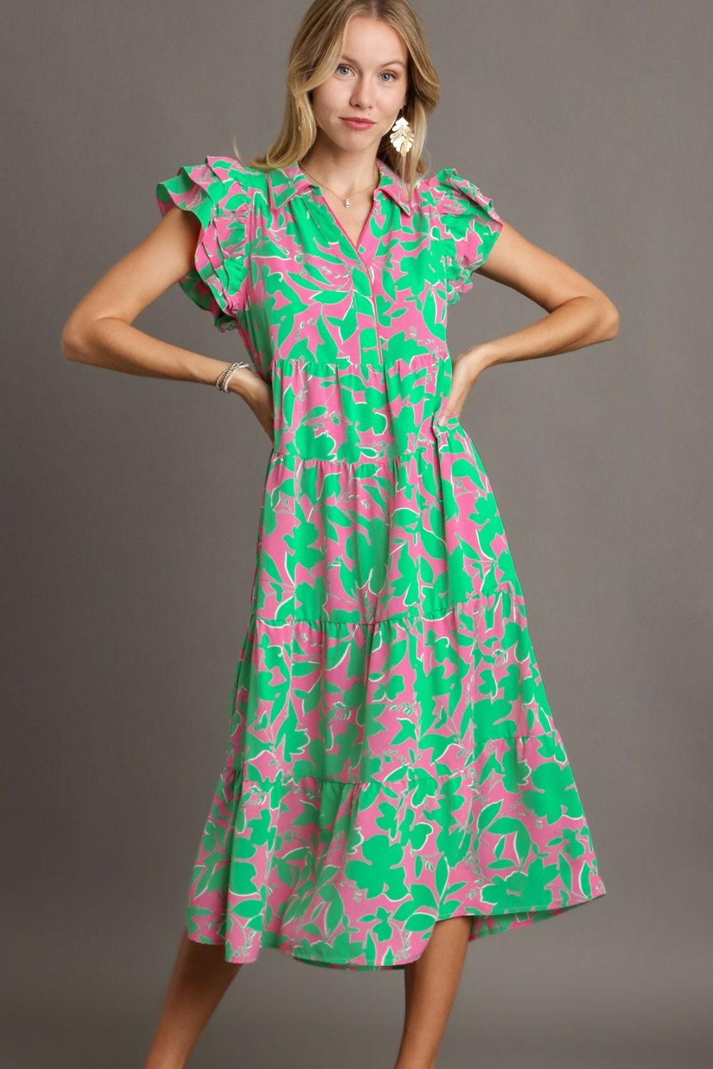 Umgee Full Size Floral Collared Ruffle Cap Sleeve Midi Dress Plus Size EMERALD MIX Casual Dresses