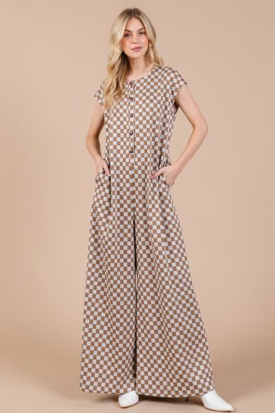 Ces Femme Checkered Half Button Jumpsuit with Cap Sleeves Jumpsuits