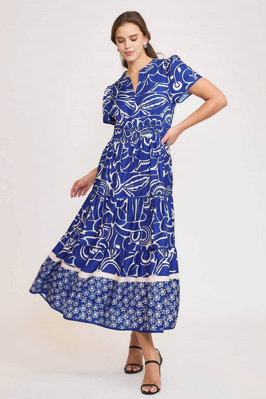 Umgee Full Size Printed Notched Short Sleeve Tiered Dress Plus Size - Shop Style & More | Fresh Looks, Everyday Deals & Free Shipping