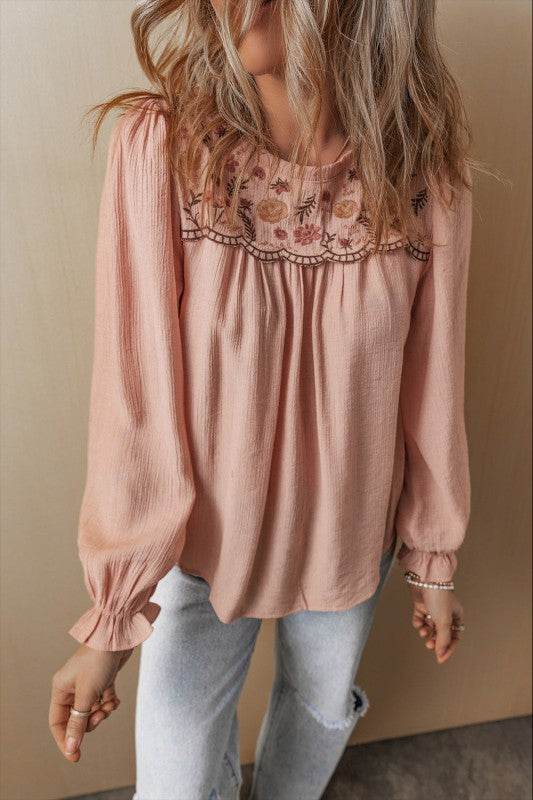 Angela Embroidered Flounce Sleeve Elegant Blouse - Shop Style & More | Fresh Looks, Everyday Deals & Free Shipping