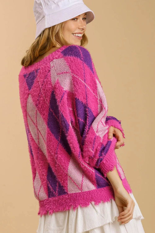 Umgee Full Size Argyle Pattern V-Neck Button Front Cardigan Plus Size - Shop Style & More | Fresh Looks, Everyday Deals & Free Shipping