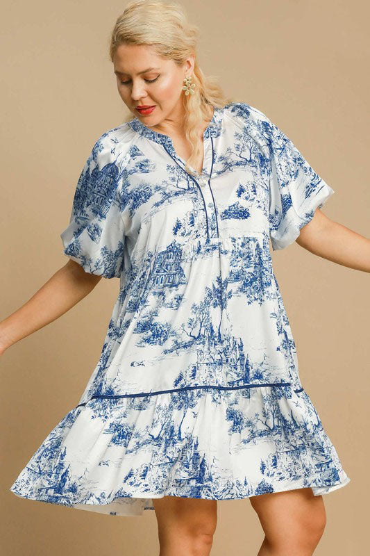 Umgee Full Size Two Tone Landscape Print Dress Plus Size Casual Dresses