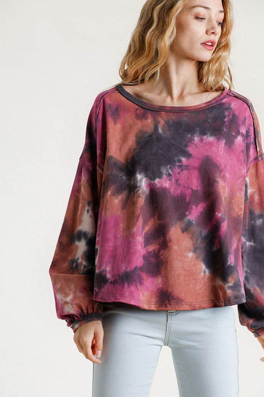 Umgee Full Size Tie Dye Round Neck Long Balloon Sleeve Top Plus Size - Shop Style & More | Fresh Looks, Everyday Deals & Free Shipping