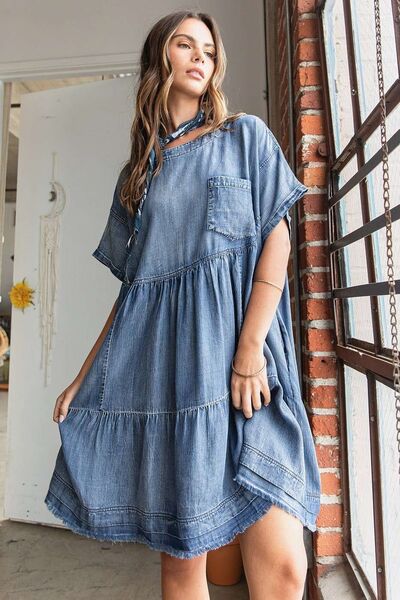 Mittoshop Washed Chambray Denim Oversized Tier Mini Dress Casual Dresses