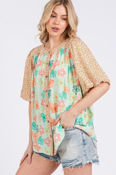 SAGE+FIG Button Down Bubble Sleeves Shirt Blouses