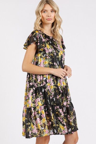 Mittoshop Flower Print Round Neck Flutter Sleeve Tiered Dress Casual Dresses