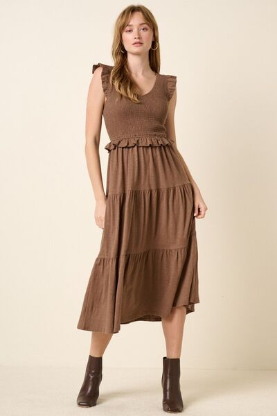 Mittoshop Smocked Ruffled Tiered Midi Dress Brown Casual Dresses