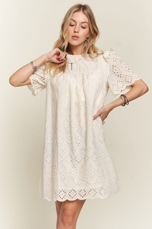 ADORA Ruffled Eyelet Round Neck Dress Casual Dresses