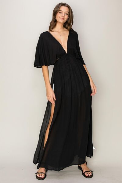 Tie Back Maxi Split Cover Up Dress Black Cover-Ups