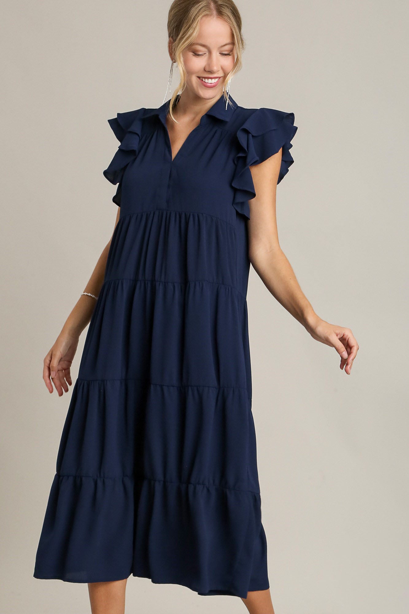 Umgee Full Size Johnny Collar Ruffle Cap Sleeve Tiered Dress Plus Size Dark Navy Casual Dresses