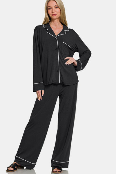 Zenana Button Down Long Sleeve Top and Pants Lounge Set Lounge Set