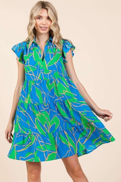 Mittoshop Leaf Print Ruffle Sleeve Tiered Mini Dress Casual Dresses