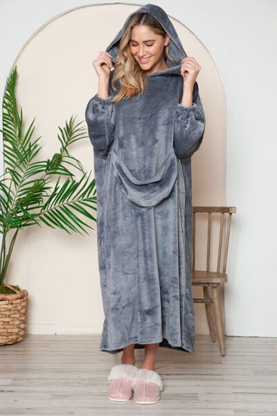 Double Take Full Size Pocketed Hooded Midi Lounge Dress Sleepwear