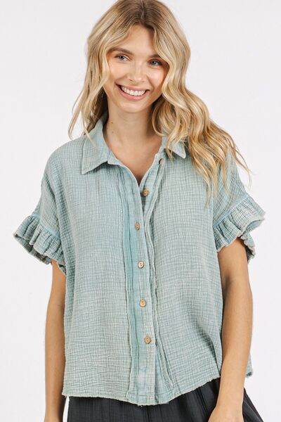 Mittoshop Mineral Washed Button Down Flounce Sleeve Shirt - Shop Style & More | Fresh Looks, Everyday Deals & Free Shipping