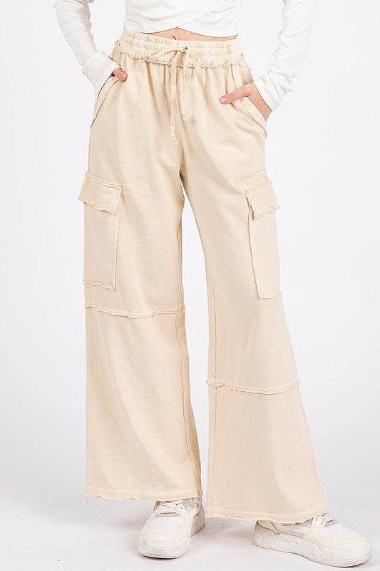 Mittoshop Mineral Wash Elastic Waist Cargo Wide Leg Pants - Shop Style & More | Fresh Looks, Everyday Deals & Free Shipping