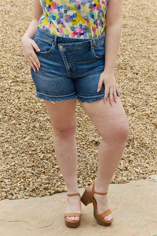 RISEN Maya Full Size Mid Rise Asymmetrical Shorts - Shop Style & More | Fresh Looks, Everyday Deals & Free Shipping