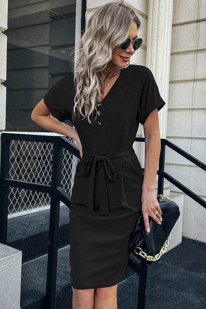 Solid Button Detail Cuffed Pocket Short Dress - Shop Style & More | Fresh Looks, Everyday Deals & Free Shipping