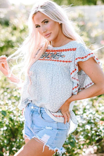 Angie Boho Embroidered Floral Print Flutter Sleeve - Shop Style & More | Fresh Looks, Everyday Deals & Free Shipping