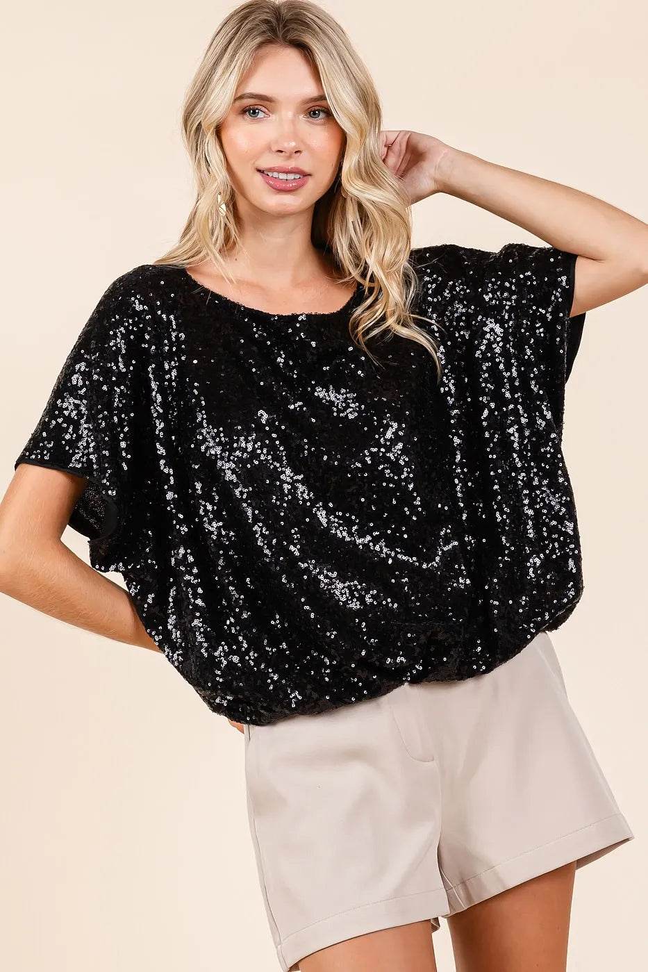 Mittoshop Sequin Short Sleeve Elastic Band Hem Top - Shop Style & More | Fresh Looks, Everyday Deals & Free Shipping