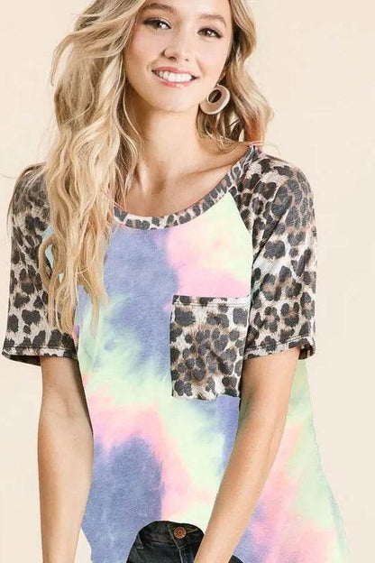 BiBi Tie Dye Knit Top with Leopard Raglan Sleeves - Shop Style & More | Fresh Looks, Everyday Deals & Free Shipping