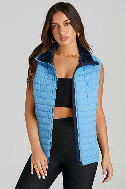 Sky Blue Plush Collared Quilted Zipped Puffer Vest - Shop Style & More | Fresh Looks, Everyday Deals & Free Shipping