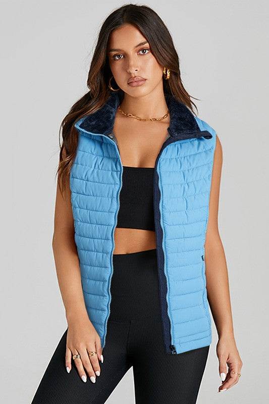 Sky Blue Plush Collared Quilted Zipped Puffer Vest - Shop Style & More | Fresh Looks, Everyday Deals & Free Shipping