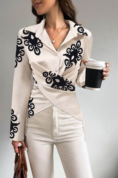 Print Button Cross Asymmetrical Hem Fit Blouse - Shop Style & More | Fresh Looks, Everyday Deals & Free Shipping