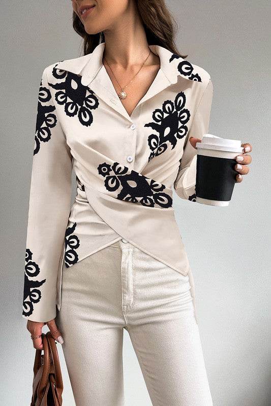 Print Button Cross Asymmetrical Hem Fit Blouse - Shop Style & More | Fresh Looks, Everyday Deals & Free Shipping