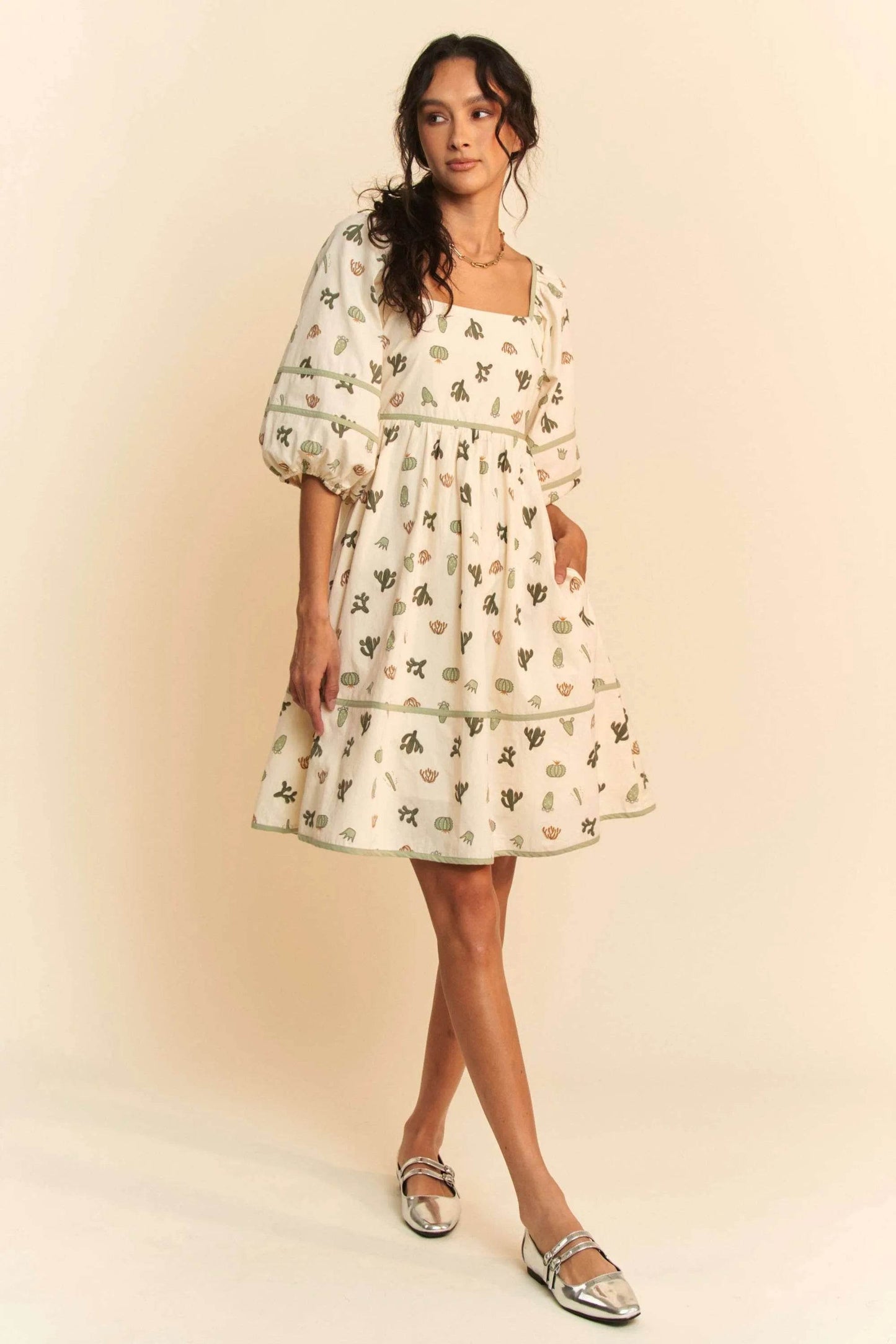 Davi & Dani Cactus Printed Poplin Contrast Piping Mini Dress - Shop Style & More | Fresh Looks, Everyday Deals & Free Shipping