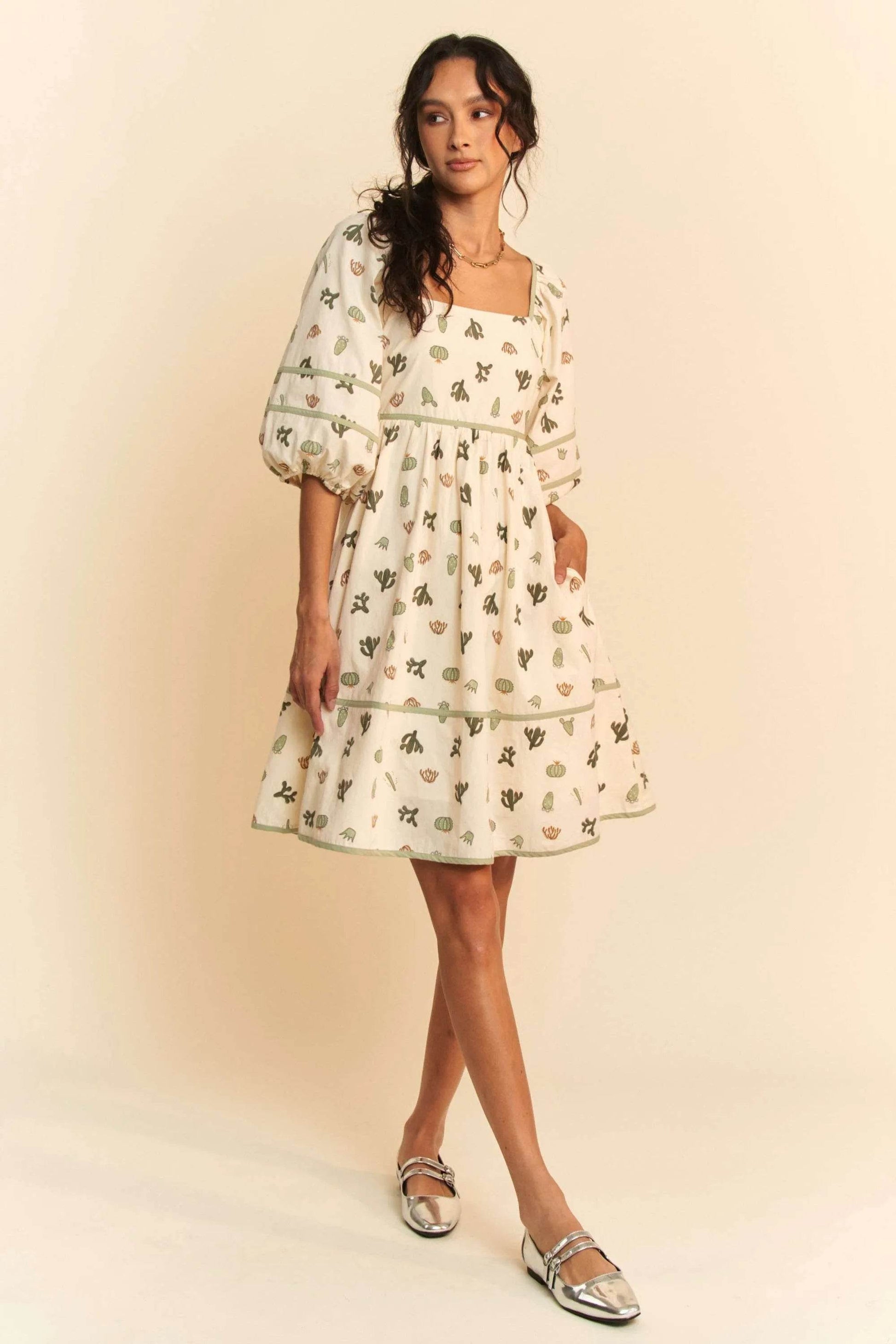 Davi & Dani Cactus Printed Poplin Contrast Piping Mini Dress - Shop Style & More | Fresh Looks, Everyday Deals & Free Shipping