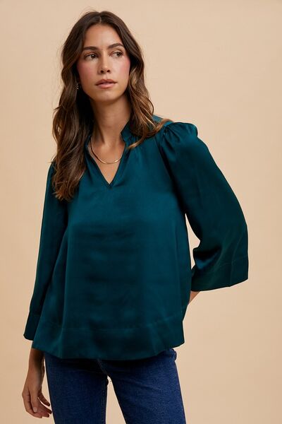 Annie Wear Satin Notched Three-Quarter Sleeve Blouse Blouses