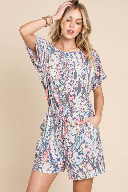 BOMBOM Printed Short Sleeve Drawstring Romper - Shop Style & More | Fresh Looks, Everyday Deals & Free Shipping