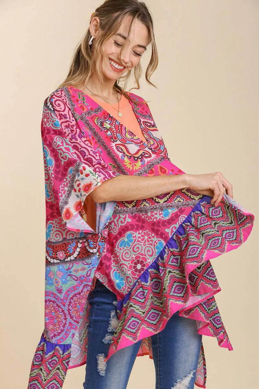 Umgee Full Size Mixed Print Ruffle Hem Open Front Cover Up Plus Size - Shop Style & More | Fresh Looks, Everyday Deals & Free Shipping