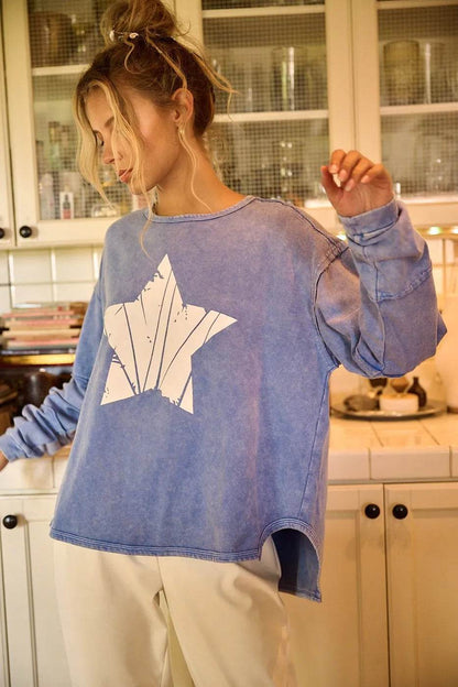 Mittoshop Star Graphic Mineral Wash Long Sleeve Top - Shop Style & More | Fresh Looks, Everyday Deals & Free Shipping