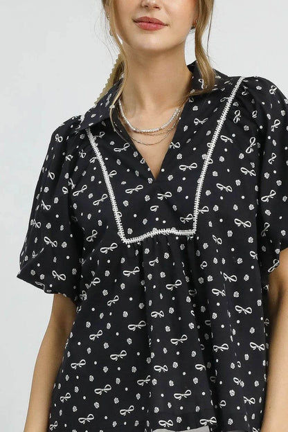 Umgee Bow Print Puff Sleeve Blouse - Shop Style & More | Fresh Looks, Everyday Deals & Free Shipping