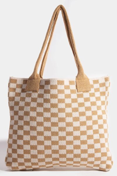 Fame Checkered Pattern Tote Bag Tan One Size Bags