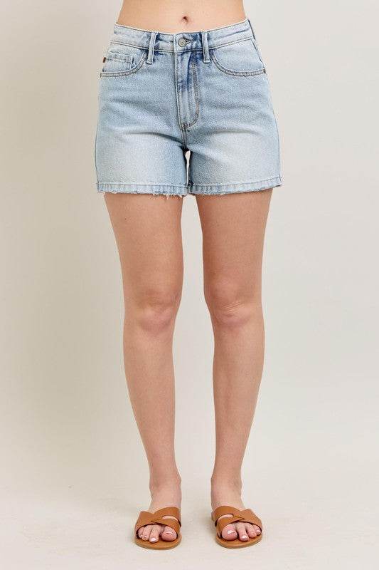 Judy Blue Full Size Frayed Hem High Rise Denim Shorts with Pockets Plus Size - Shop Style & More | Fresh Looks, Everyday Deals & Free Shipping