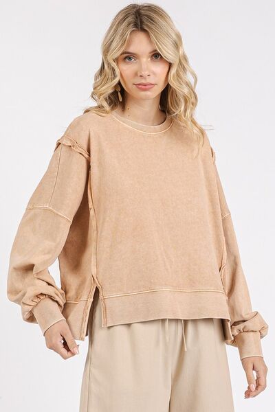 Mittoshop Side Slit Exposed Seam Round Neck Sweatshirt Tan Hoodies & Sweaters