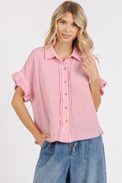 Mittoshop Mineral Washed Button Down Flounce Sleeve Shirt Blouses