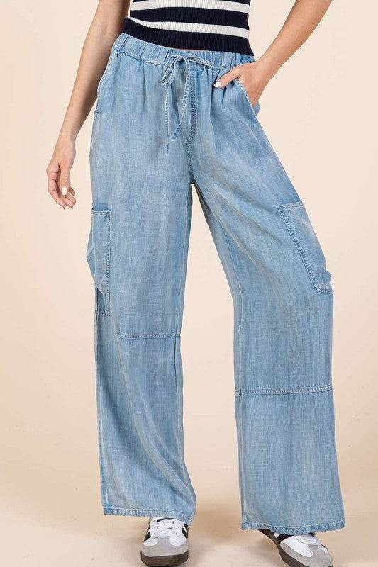 Mittoshop Washed Elastic Waist Cargo Wide Leg Pants - Shop Style & More | Fresh Looks, Everyday Deals & Free Shipping