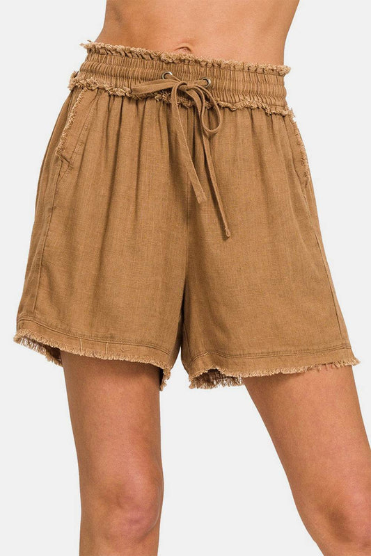 Zenana Washed Linen Frayed Hem Drawstring Shorts - Shop Style & More | Fresh Looks, Everyday Deals & Free Shipping