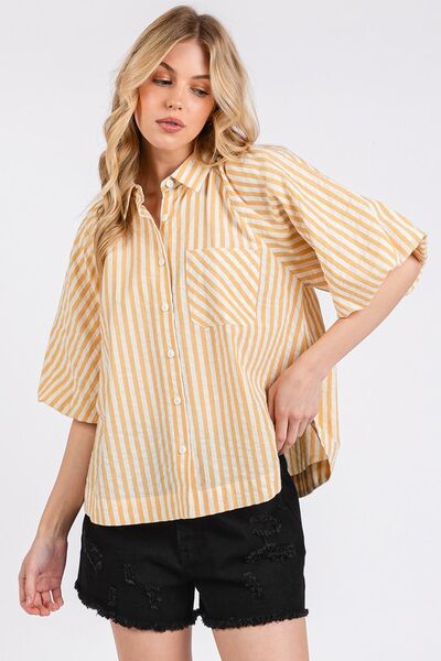 Mittoshop Button Down Striped Puff Sleeve Shirt Blouses